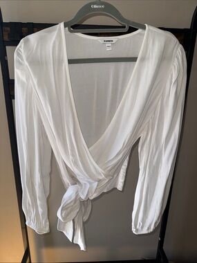 Express White Wrap Tie-Front Blouse with Long Sleeves